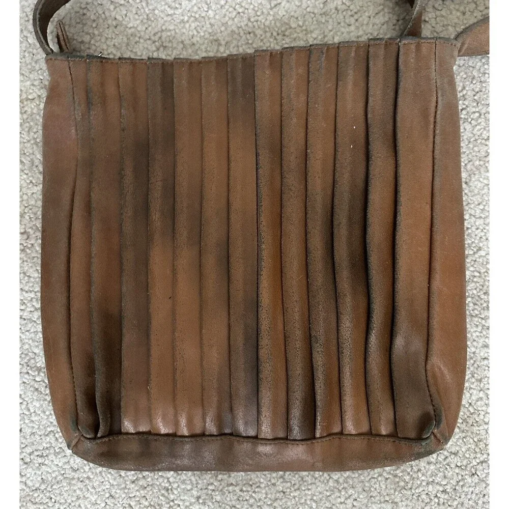 YKK Vintage Brown Leather Accordion Purse Satchel Crossbody Shoulder Bag Handbag
